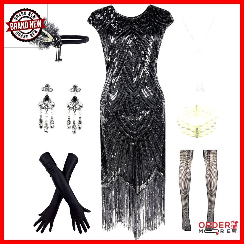 Vintage Lace Fringed Gatsby 1920s Cocktail Dress with Accessories Set